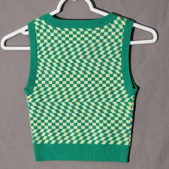 FULL TILT Wavy Checkerboard Womens Vest Size XS Green Pastel Yellow Y2K Punk - Picture 6 of 9